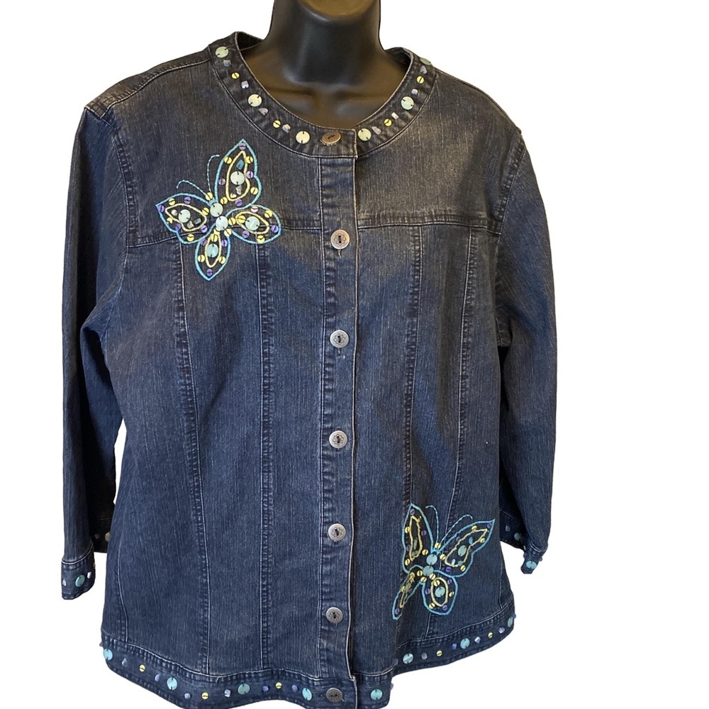Embellished Denim Jacket with Butterfly Accents